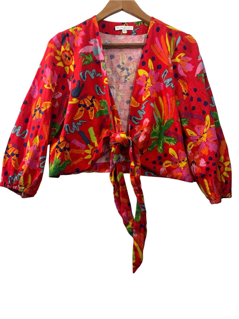 Maison d'Amelie Linen Blend Size Medium Tropical Crop Blouse Shirt Top Beach